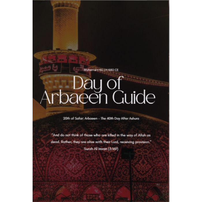 Digital cover preview for a spiral-bound book titled "Day of Arbaeen Guide" with a dark cover showing illuminated domes and minarets, overlaid on a blurred background of similar domes. Large text reads "Day of Arbaeen Guide," "Download Now," and a footer reads "The History of Arbaeen | Recommended Acts on Arbaeen | Poems & Reflections.