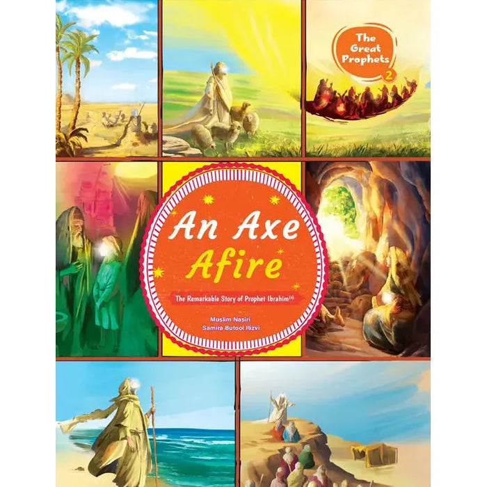 Collage of illustrations from a religious book titled 'An Axe Afire' on a blue background.