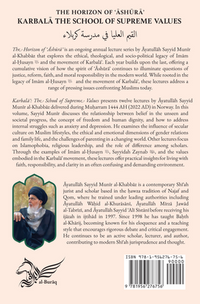 Front and back cover of the book 'The Horizon of 'Ashura' / Karbala: The School of Supreme Values' by Ayatullah Sayyid Munir Al-Khabbaz, showing the title, author, chapter summaries, barcode, and red dragon illustration.