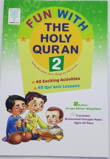 A children's Quran activity book titled 'Fun With The Holy Quran 2' shown on a plain light background. The cover is mostly white with a green-to-yellow gradient header, colorful title text, and cartoon children reading.